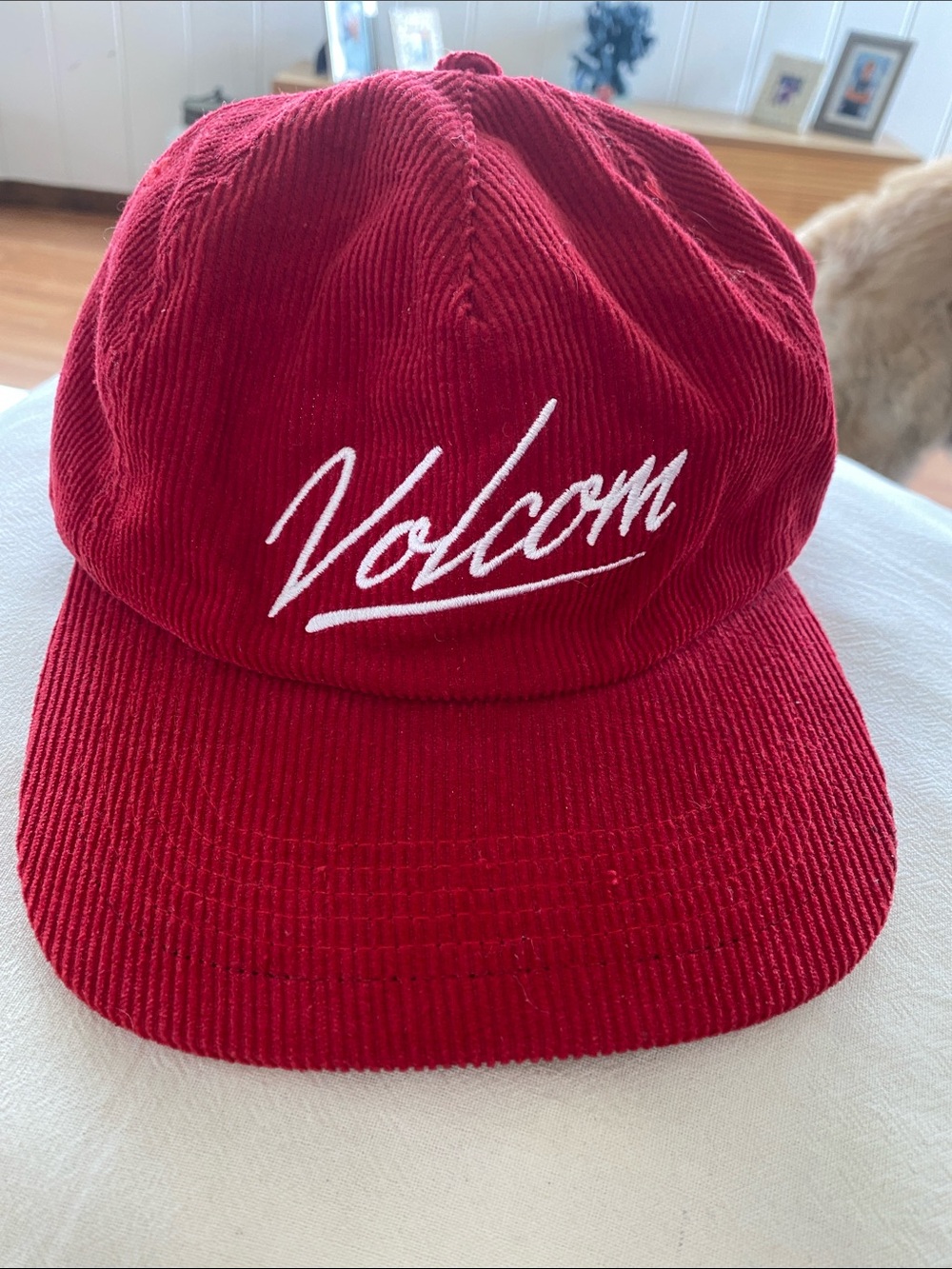 Volcom Red Corduroy Script Hat with White Logo
